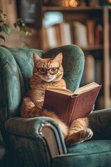 a cat in glasses is reading a book in a chair. Selective focus