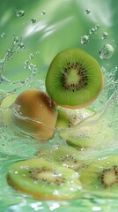 Wall Mural - Freshly sliced kiwi fruit splashing in clear water with green backdrop outdoors