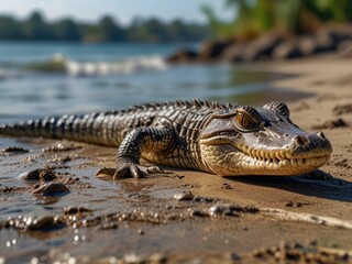 crocodile resting on sandy shore by a serene riverbank