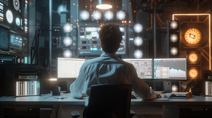 A male IT worker sits at his desk in front of computer monitors and looking computer screen, seen from behind and looking over the of an AI system that processes data on monitor displaying code
