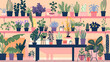 © Mahmud - Large selection of plants in flowerpots on shelves in a plant shop. plants. Illustrations design
