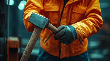 a man holds a hammer close-up. Selective focus