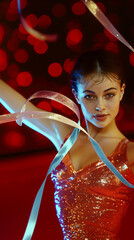 A female rhythmic gymnast performing a ribbon routine. Woman in red sparkly costume performing. Gym competition ranking olympic sport. Paris olympic games result medal podium finish. Red background