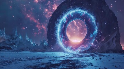 Wall Mural - a glowing portal in the shape of a ring, with glowing stars in the background. the portal is in an o