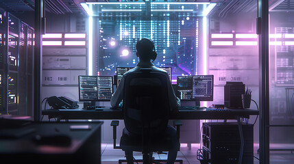 A male IT worker sits at his desk in front of computer monitors and looking computer screen, seen from behind and looking over the of an AI system that processes data on monitor displaying code