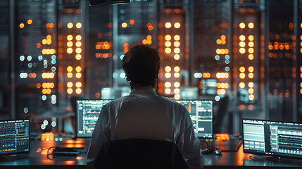 A male IT worker sits at his desk in front of computer monitors and looking computer screen, seen from behind and looking over the of an AI system that processes data on monitor displaying code