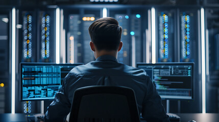 A male IT worker sits at his desk in front of computer monitors and looking computer screen, seen from behind and looking over the of an AI system that processes data on monitor displaying code