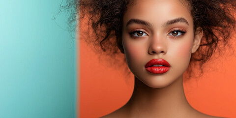 A model showcasing bold lipstick colors in a minimalistic setting