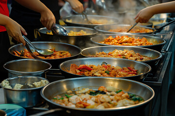 The image captures an assortment of sizzling dishes being prepared and served at a street market food stall, showcasing vibrant colors and bustling activity of cooking.