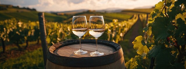 Wall Mural - two glasses of wine on the background of a field of grapes Selective focus