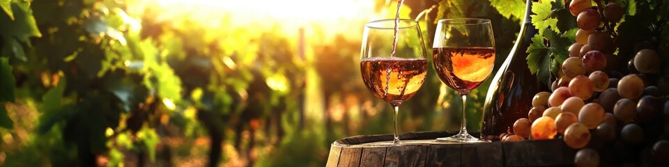 two glasses of wine on the background of a field of grapes Selective focus