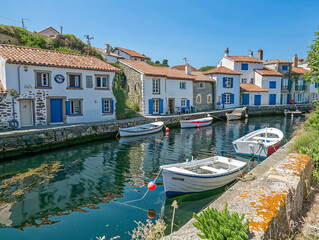 Wall Mural - A row of boats are docked in a canal in a small town. The boats are white and blue, and there are several of them in the water. The scene is peaceful and serene