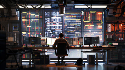 A male IT worker sits at his desk in front of computer monitors and looking computer screen, seen from behind and looking over the of an AI system that processes data on monitor displaying code