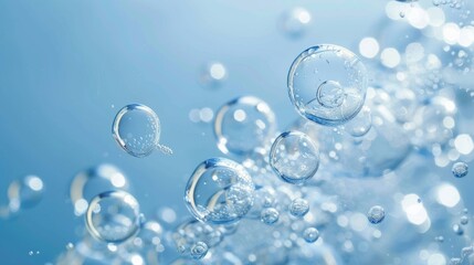 Close up of water bubbles on blue background. Abstract blue fresh hygiene template. Luxury cosmetics body care and clean energy. Concept shot of transparent elegant vitality serum air bubbles