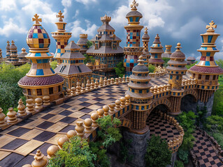 Canvas Print - A castle made of chess pieces is shown in the image. The castle is made of many different colored pieces, and it is a very intricate and detailed structure. Scene is one of wonder and amazement