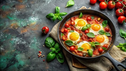 Delicious shakshuka with tomatoes and basil in a frying pan , food, Mediterranean, breakfast, eggs, vegetarian