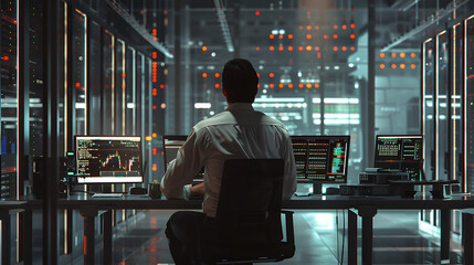 A male IT worker sits at his desk in front of computer monitors and looking computer screen, seen from behind and looking over the of an AI system that processes data on monitor displaying code