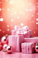 Wall Mural - Pink Christmas background with festive gift boxes and Christmas balls. Holiday Christmas and New Year composition with copy space.