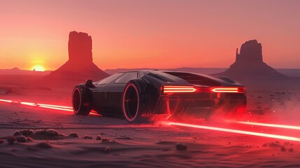 Wall Mural - A stunning futuristic car set against a vast desert landscape illuminated by a vibrant sunset