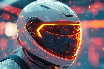 futuristic race car driver in sleek helmet digital art style neon accents illuminate the visor reflecting a hightech racetrack dynamic composition with motion blur suggests incredible speed