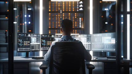 A male IT worker sits at his desk in front of computer monitors and looking computer screen, seen from behind and looking over the of an AI system that processes data on monitor displaying code