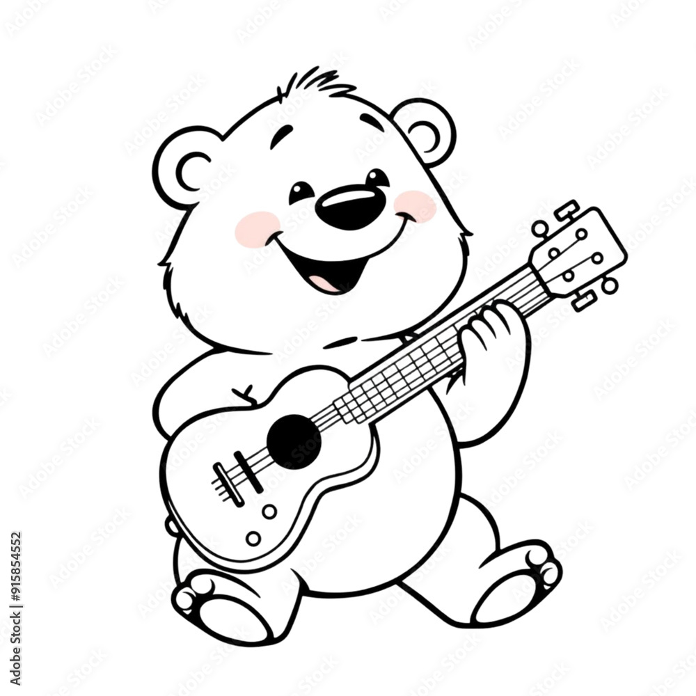 Coloring page outline of cartoon smiling cute bear plays guitar on an ...