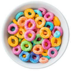 Vibrant cereal rings in a bowl, a playful assortment of colors, perfect for breakfast or a snack, set against a clean white backdrop, inviting and cheerful presentation.