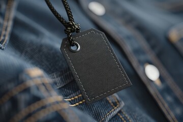 Aufkleber - A close-up shot of a black leather tag hanging from a blue jean jacket, suitable for fashion or lifestyle photography