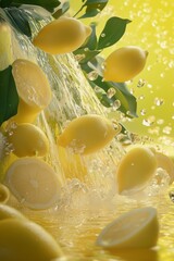 Sticker - Fresh lemons cascading into clear water with bright yellow background capturing a vibrant sense of summer freshness