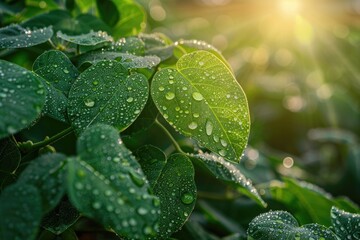 Poster - Close-up of water droplets on a leaf's surface, suitable for use in illustrations about nature, science, and the environment