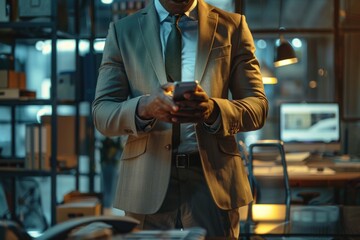 Poster - A man looks at his cell phone, possibly checking notifications or reading messages