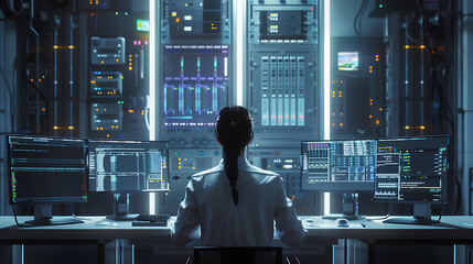 A male IT worker sits at his desk in front of computer monitors and looking computer screen, seen from behind and looking over the of an AI system that processes data on monitor displaying code