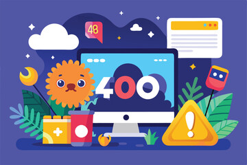 Poster - A vibrant cartoon scene displays a computer with an error message, cheerful characters, and playful items, creating a whimsical and lighthearted atmosphere
