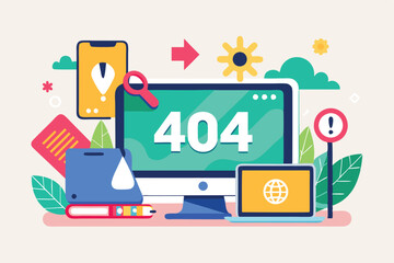 Fototapete - a colorful flat illustration depicting a 404 error on multiple screens featuring devices and element