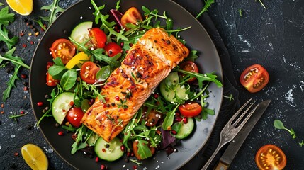 Roasted salmon garnished with fresh salad. Ketogenic lunch. Keto diet. Top view, banner