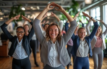 Office workers from different backgrounds engaged in group stretching exercises during a break