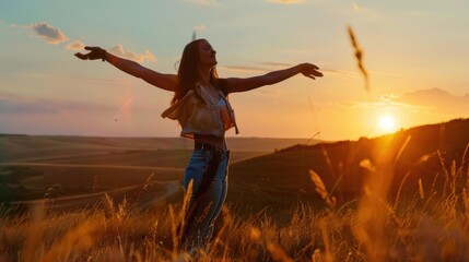 Wall Mural - Woman in a Field at Sunset