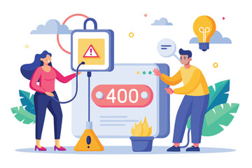 Poster - Two individuals communicate while troubleshooting a '400 error' in a contemporary workspace designed for digital problem-solving