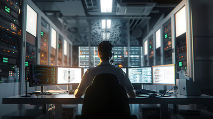 A male IT worker sits at his desk in front of computer monitors and looking computer screen, seen from behind and looking over the of an AI system that processes data on monitor displaying code