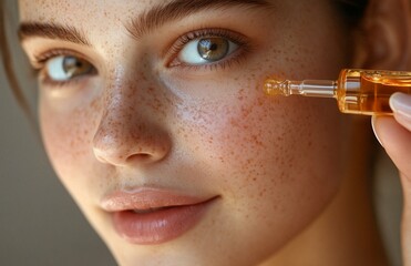 A freckled woman getting a facial treatment with a dropper bottle on beige background