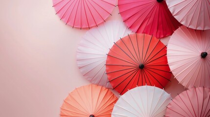 Wall Mural - Colorful Paper Umbrellas Displayed on Soft Pink Background in Artistic Arrangement