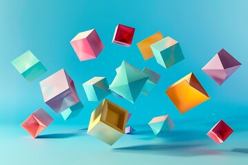 Wall Mural - abstract art with floating geometric shapes, each in a different bright color, creating a sense of m