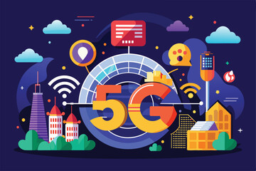 Aufkleber - this illustration showcases the impact of 5g technology on urban connectivity with city landmarks an