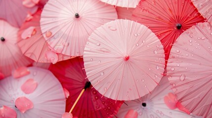 Wall Mural - Colorful Paper Umbrellas Displayed on Soft Pink Background in Artistic Arrangement