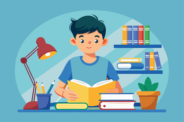 Poster - a boy is focused on studying at his desk, surrounded by books, a potted plant, and a lamp, creating 