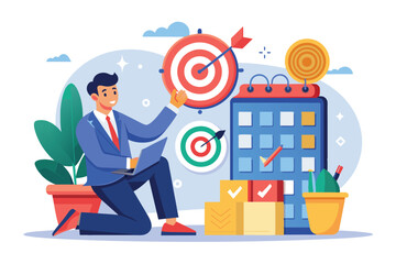 Wall Mural - A businessman is actively organizing his calendar while focusing on hitting target goals in a vibrant office environment