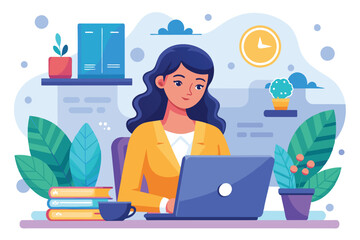 Poster - A career woman focused on her work at a desk adorned with plants and books, surrounded by a bright, cheerful office atmosphere and a wall clock