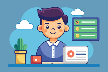 Wall Mural - A cheerful young man sits at a desk with a laptop, plants, and notifications, focused on his work in a colorful, modern office environment