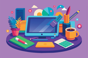 Poster - A vibrant workspace showcases an oversized drawing tablet, colorful office supplies, and a cup of coffee, enhancing the creative atmosphere