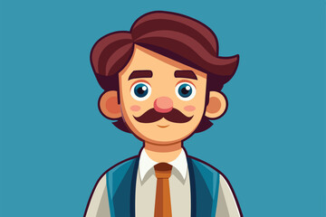 Poster - A friendly cartoon character features a male with brown hair and a mustache, dressed in a white shirt and vest, set against a bright blue background